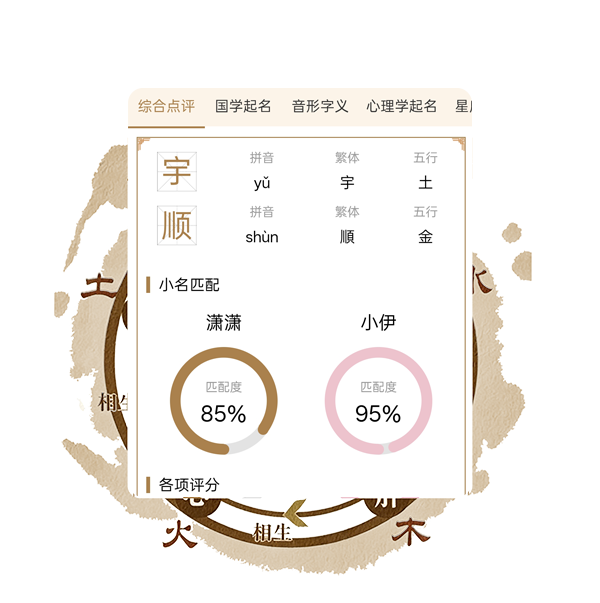 姓名打分与五行分析界面